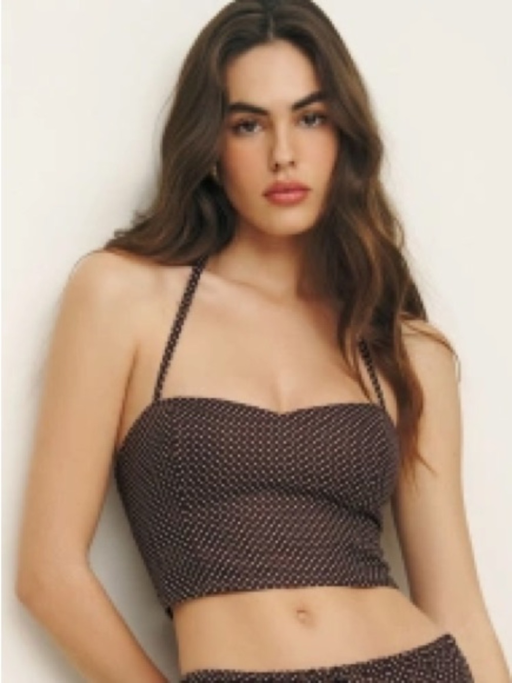 Reformation Jaida Set Top Chocolate Chip - Linen Brown Polka Dot Tie Halter Top